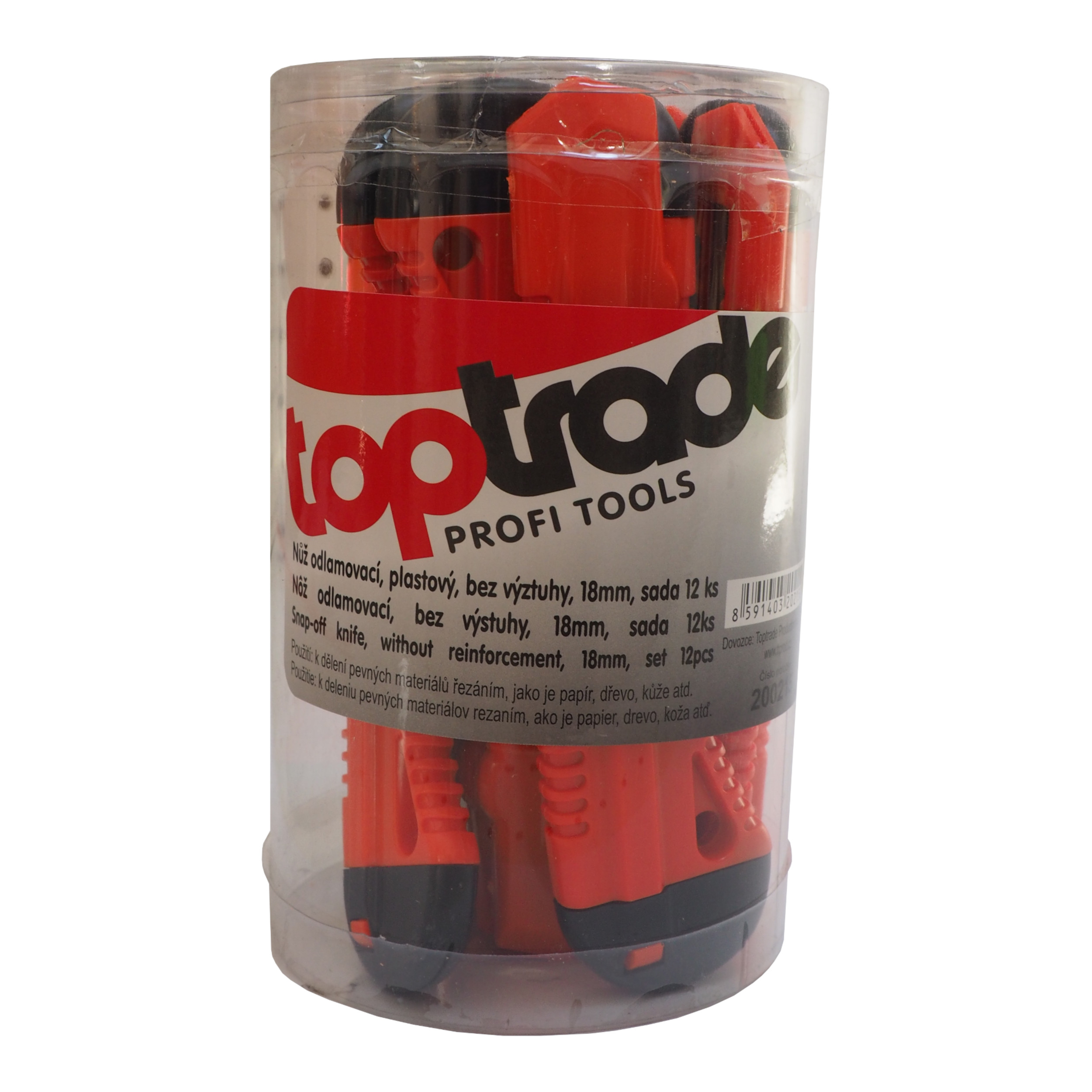 Toptrade Nůž odlamovací, plastový, bez výztuhy, v tubě, sada 12 ks, 18 mm