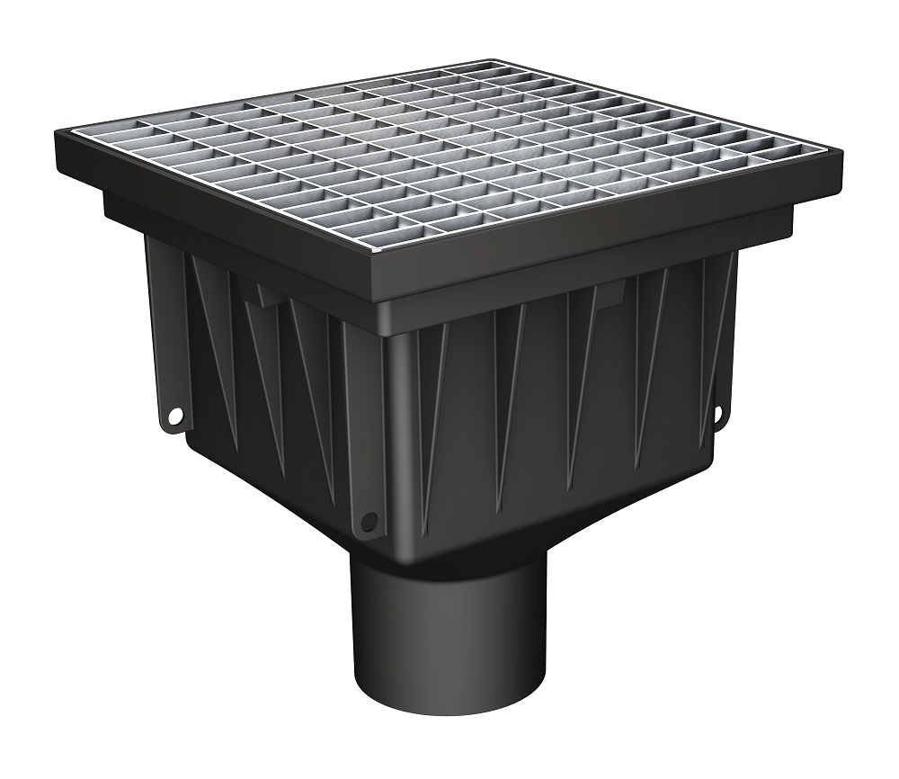 MEA Vpusť dvorní Park PE-HD bodová svislá DN100 + ocel. pozink. mříž. rošt 20/30 B125 kN + koš na nečistoty