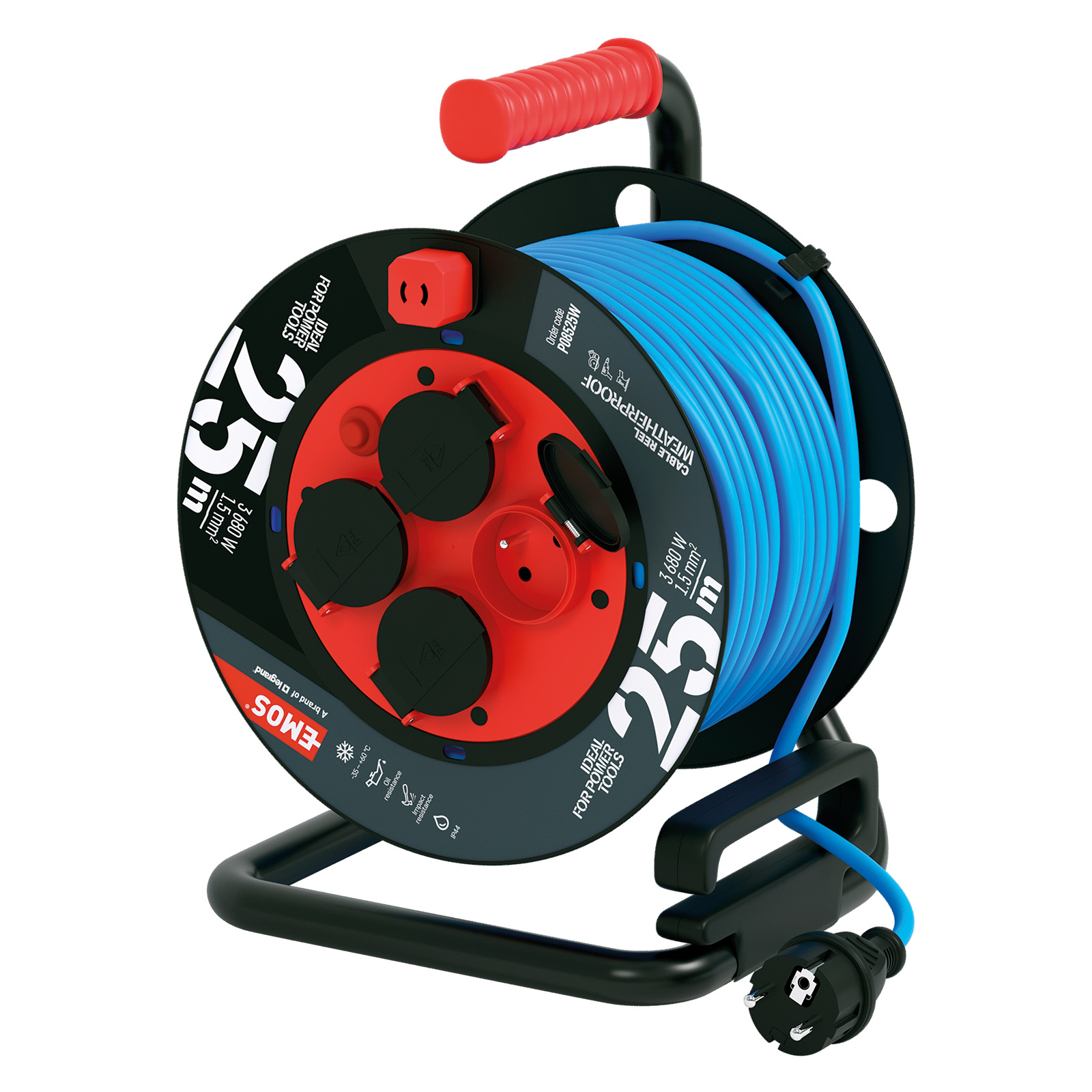 Emos Kabel prodlužovací na bubnu 25 m / 4 zásuvky / 1,5 mm2 / nemrznoucí PVC / pohyblivý střed / modrý