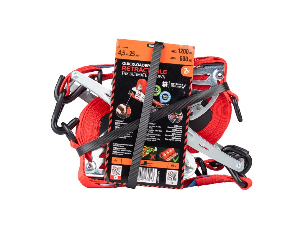 Quickloader Popruh jednodílný samonavijecí s ráčnou 1200 kg 4,5 m (0,5 m + 4 m) x 25 mm 2dílný