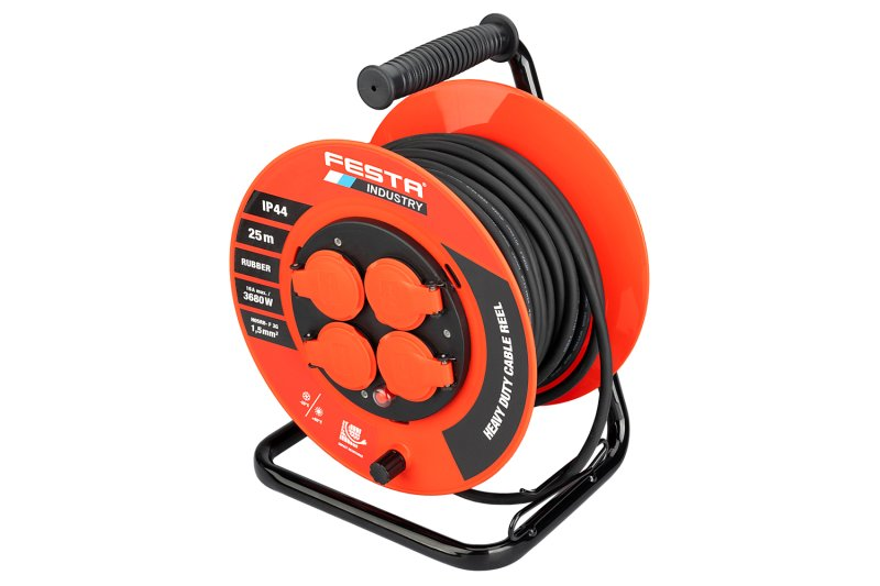 Festa Kabel prodlužovací na bubnu venkovní INDUSTRY 3x1.5mm 25m 230V max 3680W 4 zásuvky guma IP44