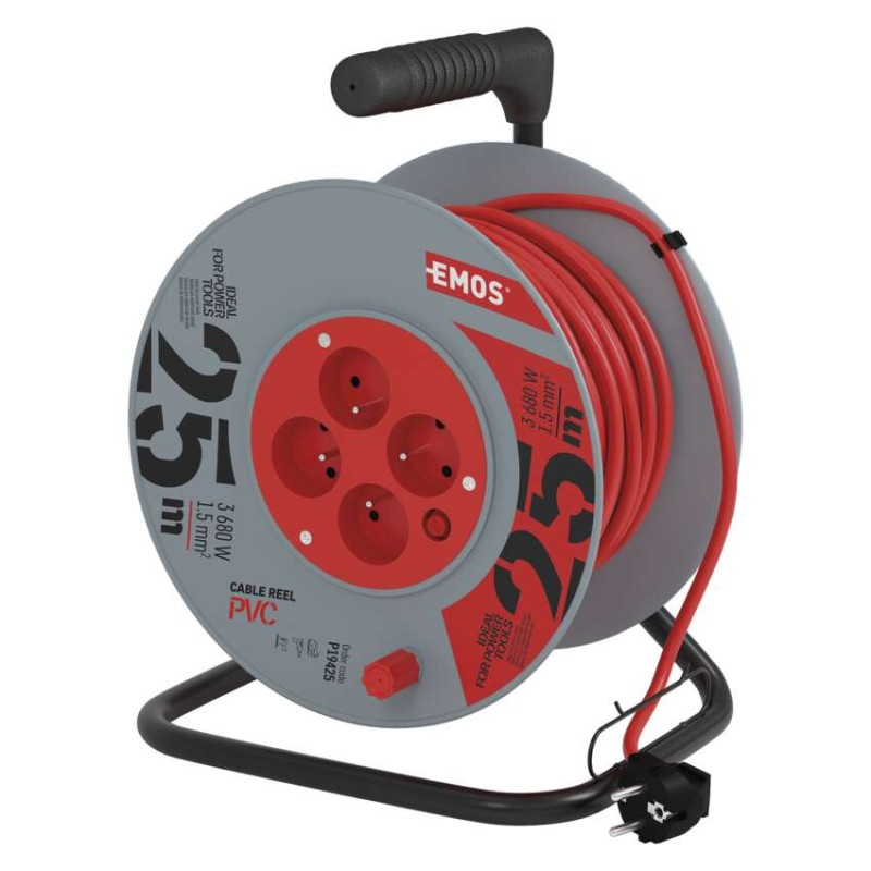 Emos Kabel prodlužovací na bubnu 25 m / 4 zásuvky / 1,5 mm2 / PVC / pohyblivý střed / červený