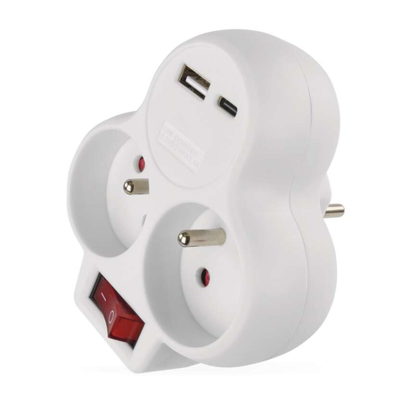 Emos Zásuvka rozbočovací s vypínačem / 2 zásuvky / 1x USB-A / 1x USB-C / bílá