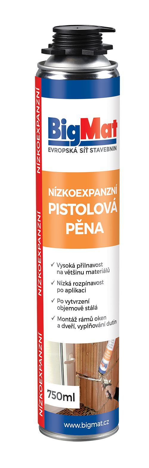 Pěna montážní pistolová nízkoexpanzní BigMat 750 ml